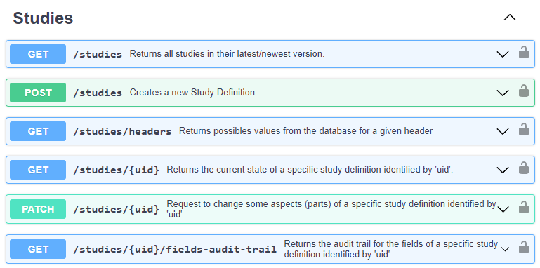 Screenshot of Swagger API documentation (Studies section)