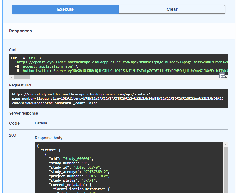 Screenshot of Swagger API Execution (/studies)