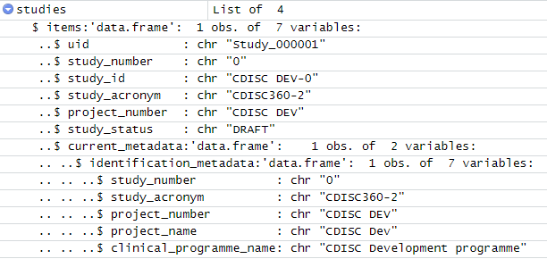 Screenshot of R data frame from API studies object