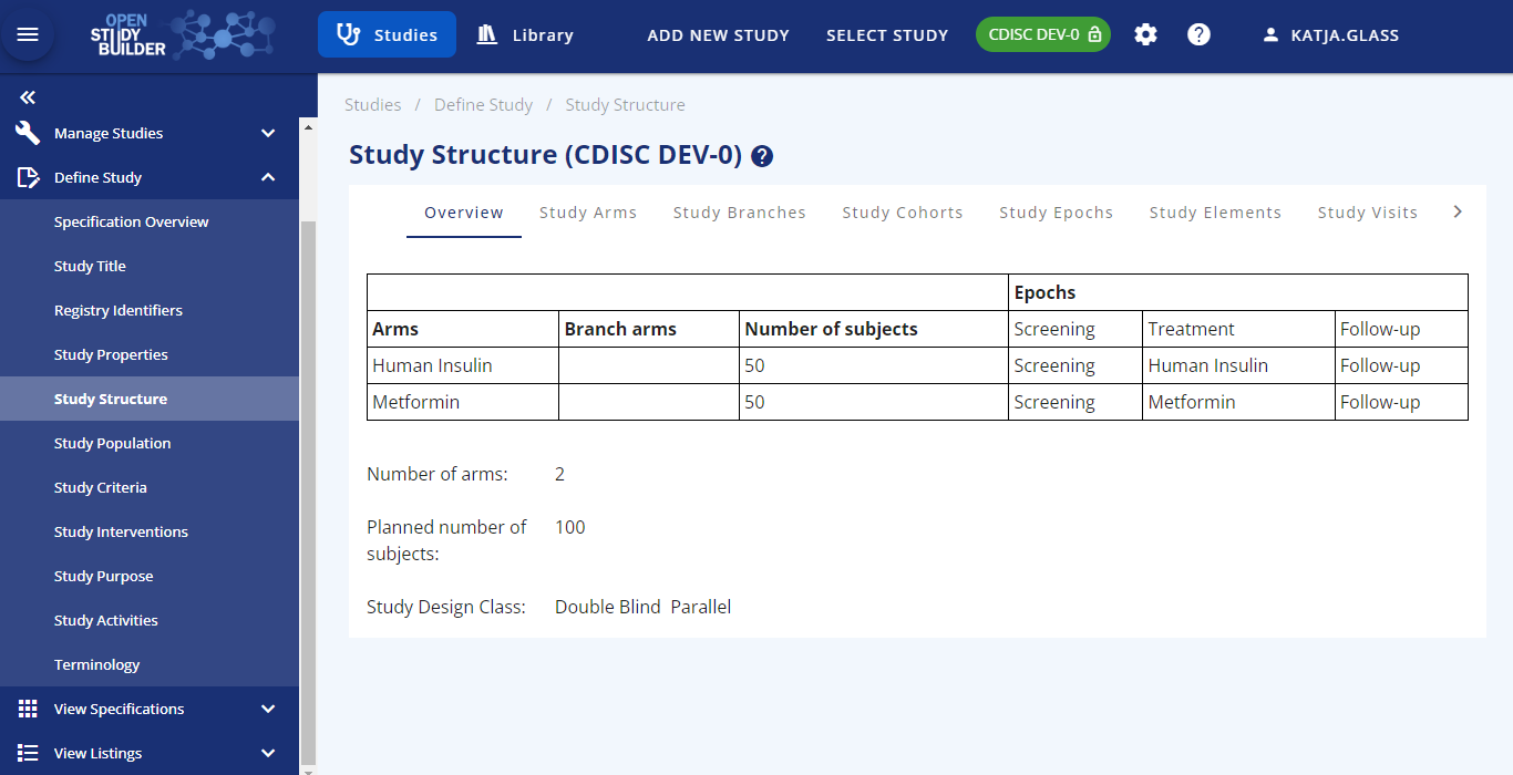 OpenStudyBuilder Screenshot of the study part