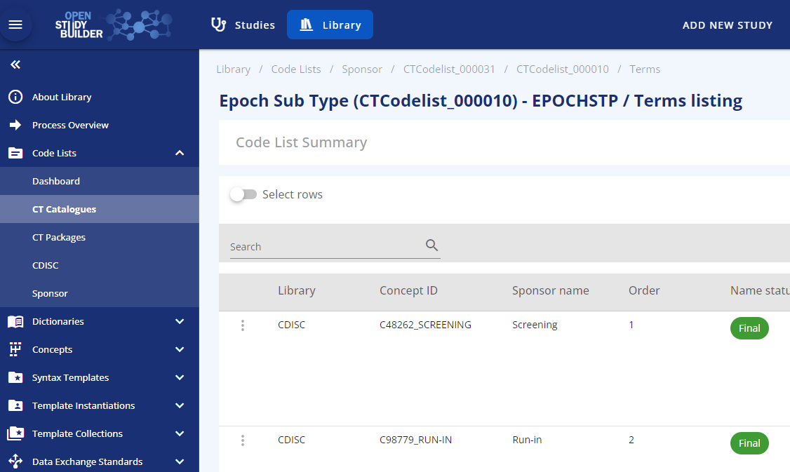 Screenshot - Epoch subtype codelist based on CDISC SDTM codelist C99079